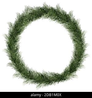 Simple Christmas wreath with fir tree branches isolated on white, watercolor winter illustration with green wreath decoration for Christmas greetings Stock Photo