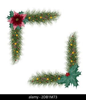 Christmas decorative design elements for frames, card, greetings or designs, watercolor Christmas illustration with fir tree branches, holly and berry Stock Photo