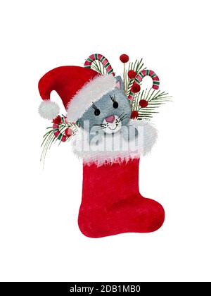 Festive Christmas stocking with kitten, watercolor Christmas decoration with red Santa's boot and Christmas gifts isolated on white, red Santa shoe Stock Photo