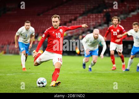 Copenhagen, Denmark. 15th Nov, 2020. Christian Eriksen (10) of Denmark scores the decisive goal on penalty during the Nations League match between Denmark and Iceland on matchday 5 of group B in Parken, Copenhagen. (Photo Credit: Gonzales Photo/Alamy Live News Stock Photo