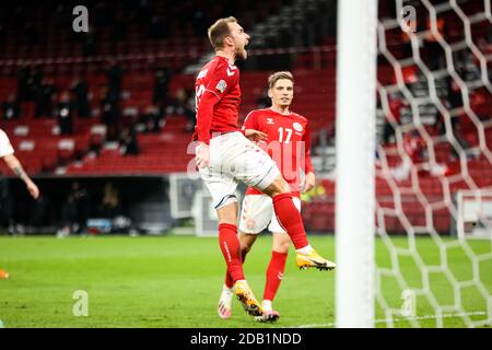 Copenhagen, Denmark. 15th Nov, 2020. Christian Eriksen (10) of Denmark reacts as he scores the decisive goal on penalty during the Nations League match between Denmark and Iceland on matchday 5 of group B in Parken, Copenhagen. (Photo Credit: Gonzales Photo/Alamy Live News Stock Photo