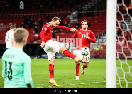 Copenhagen, Denmark. 15th Nov, 2020. Christian Eriksen (10) of Denmark reacts as he scores the decisive goal on penalty during the Nations League match between Denmark and Iceland on matchday 5 of group B in Parken, Copenhagen. (Photo Credit: Gonzales Photo/Alamy Live News Stock Photo