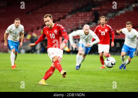 Copenhagen, Denmark. 15th Nov, 2020. Christian Eriksen (10) of Denmark scores the decisive goal on penalty during the Nations League match between Denmark and Iceland on matchday 5 of group B in Parken, Copenhagen. (Photo Credit: Gonzales Photo/Alamy Live News Stock Photo
