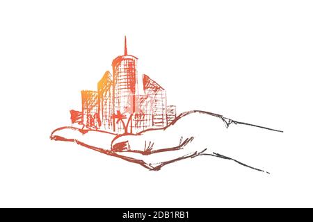 Hand drawn human palm holding big city Stock Vector