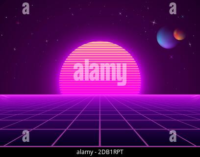 Neon cyberpunk futuristic landscape. Sci-fi background abstract digital planet. Vector illustration Stock Vector