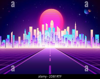 Neon retro city landscape. Highway to Cyberpunk futuristic town. Sci-fi background abstract digital architecture. Vector illustration Stock Vector