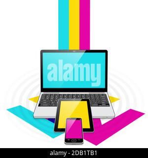 A Laptop computer, Tablet PC and Smart Phone downloading Hi-speed data from the internet via a 5G Mobile connection. Stock Vector