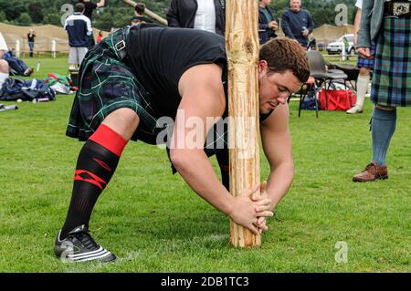 Scottish Heavyweight Athletes Lifting a wooden Caber at a Highland games event. Stock Photo