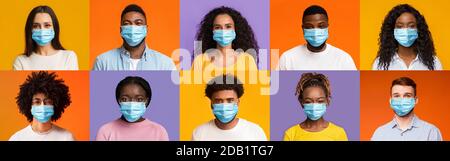 Collage of multiethnic people in face masks over colorful backgrounds Stock Photo