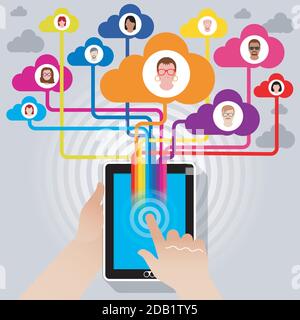 Tablet PC - Social Networking Linking with Friends and Family connecting to friends via an online social media network. Stock Vector