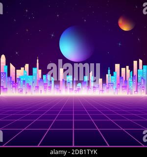 Retro city landscape in neon colors. Cyberpunk futuristic town. Sci-fi background abstract digital architecture. Vector illustration Stock Vector