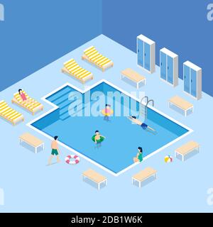Illustrated isometric public swimming pool Vector illustration Stock Vector