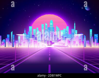 Highway to Cyberpunk futuristic town. Neon retro city landscape. Sci-fi background abstract digital architecture. Vector illustration Stock Vector