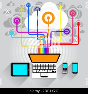 A flat stylised Laptop computer, Tablet PC, Smart Phone and Feature Phone viewed from above connected to the Web Cloud streaming Information and Data. Stock Vector