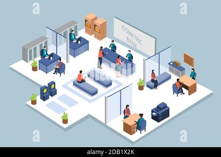 Isometric bank with clients Vector illustration Stock Vector