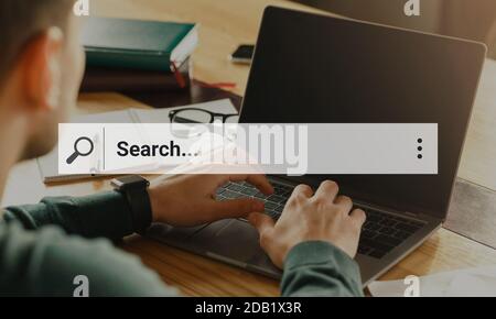 Man At Laptop Browsing Internet Indoor, Collage With Searching Bar Stock Photo