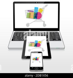 Online e-retail (e-commerce) shopping presented on the 3 presented Mobile devices. Stock Vector