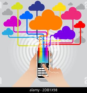 A keypad mobile phone streaming information and data to and from the WWW at Super Hi Speeds via a 5G network. Stock Vector