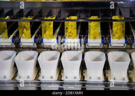 Dry pasta on automatic combination weighers. Multihead weighers machine in food industry. Stock Photo