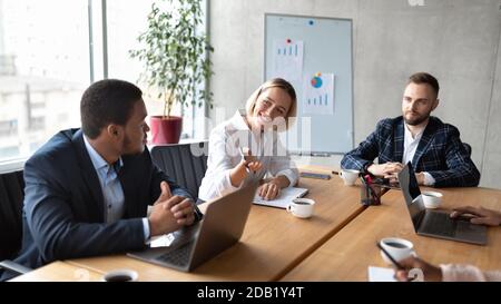 Business People Talking Working Sitting At Desk In Office, Panorama Stock Photo
