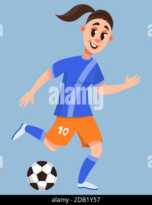 Female soccer player kick ball. Beautiful character in cartoon style. Stock Vector