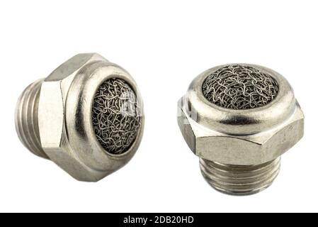 Macro shots of two steel air silencers with a metal mesh inside, isolated on a white background. Stock Photo