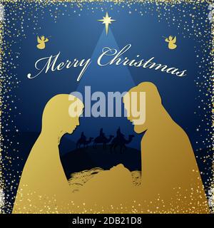 Merry Christmas religious greeting. Son of god was born spiritual biblical history. Square dark blue background, silhouette of couple and wise men cha Stock Vector