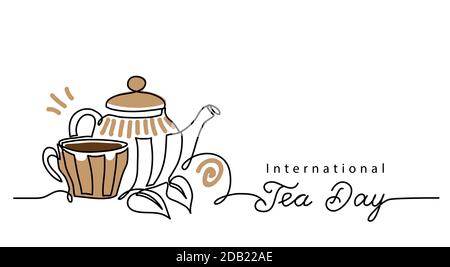 Tea day vector background with teacup and kettle. One line drawing art illustration,border, banner with lettering international tea day Stock Vector