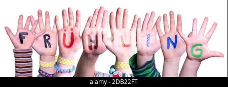 Children Hands Building Colorful German Word Fruehling Means Spring. Isolated White Background Stock Photo