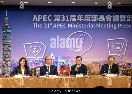 Taipei, Taiwan. 16th Nov, 2020. The board of the press conference seen answering the media questions ahead of the 31st Asia-Pacific Economic Cooperation (APEC) meeting. Taipei, Taiwan. November 16, 2020. (Photo by Walid Berrazeg/Sipa USA) Credit: Sipa USA/Alamy Live News Stock Photo