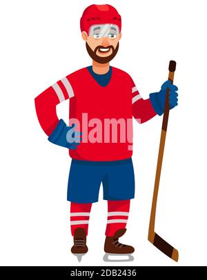 Standing hockey player. Male character in cartoon style. Stock Vector