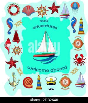 Postcard sea travel. Set of nautical attributes. A frame of beautiful shells, a lighthouse, a steering wheel and a compass and a seahorse. Vector Stock Vector