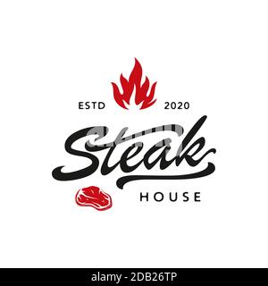 Steak house with fire flame and crossed cleavers in vintage rustic grunge style. Hand drawn engraved bonfire or burn sketch. Vector logo design Stock Vector