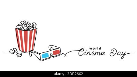 Cinema day vector illustration with popcorn bucket and 3d glasses. One line drawing art illustration with lettering world cinema day Stock Vector