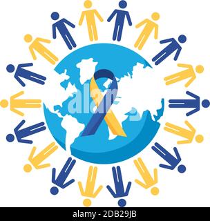 down syndrome campaign ribbon in earth planet and people around flat style vector illustration design Stock Vector