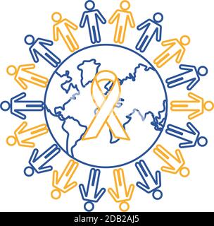 down syndrome campaign ribbon in earth planet and people around line style vector illustration design Stock Vector