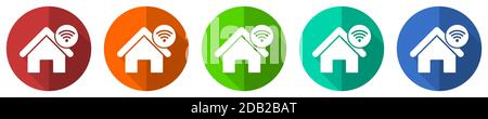 Internet, home, house vector icon set, red, blue, green and orange flat design web buttons isolated on white, vector illustration Stock Vector