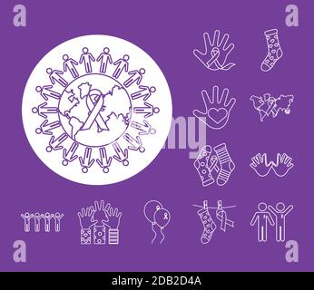 earth planet and people arounfd with bundle of down syndrome set icons vector illustration design Stock Vector