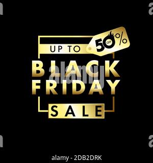Black Friday sale banner with 50% off discount golden label on black. Special offer flyer or poster vector template. Deal gold sticker design Stock Vector