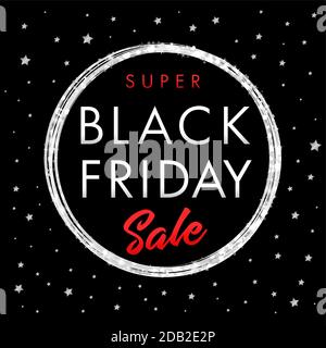 Black Friday super Sale silver star banner. Black Friday Super Sale Poster with shine ball on black background with silver stars. Vector illustration Stock Vector