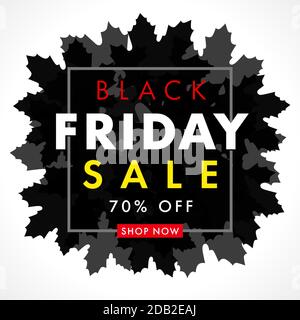 Black Friday Sale with autumn maple leaf. Special offer up to 70% off with text on black leaves for flyer or poster. Vector design Stock Vector