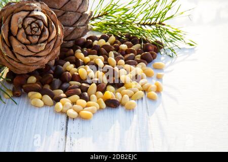 Peeled kernels of cedar nuts in a spoon, two pine cones, green branches Stock Photo