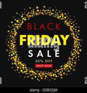 Black Friday sale banner with yellow stars on black background. Special offer up to 50% off for flyer or poster. Vector sticker template design Stock Vector
