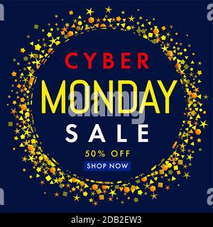 Cyber Monday sale label banner yellow stars on navy blue background 50% off. Cyber Monday sale concept promotion for website display with text on blue Stock Vector