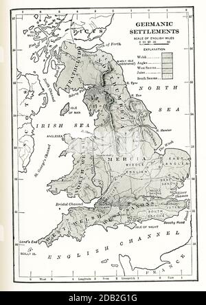 Germanic Settlements in England. This map shows Germanic settlements in England in ancient times. The shaded in areas are: Welsh, Angles, West Saxons, Jutes, South Saxons. Stock Photo