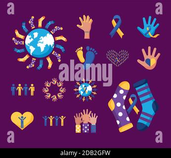 earth planet and people arounfd with bundle of down syndrome set icons vector illustration design Stock Vector