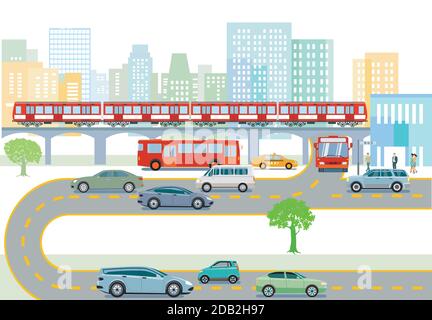 Transport by elevated train, bus and road traffic Stock Vector