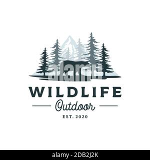 Bear, Mountain and Pine Cedar Conifer Wilderness Adventure Logo Design Stock Vector