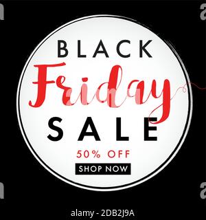Black Friday sale label banner. Black Friday sale tag, round banner on black background. Special offer, 50% off shop now. Vector illustration Stock Vector