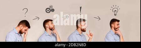 Problem solution. Collage of young man thinking over problem and finding successful idea, banner design Stock Photo